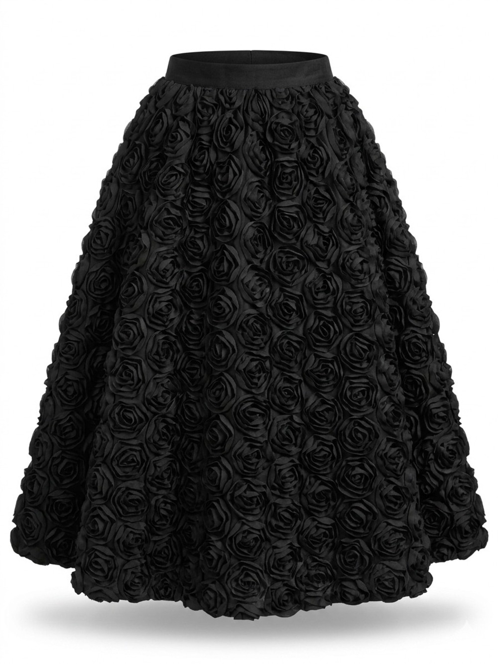 Textured Rose Appliqué Midi Skirt — Black